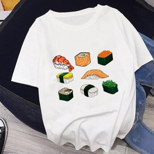 Summer New Japanese Style Sushi Lucky Cat Print Harajuku Leisure Pink Streetwear Tracksuit Personality Vogue Womens T-shirt