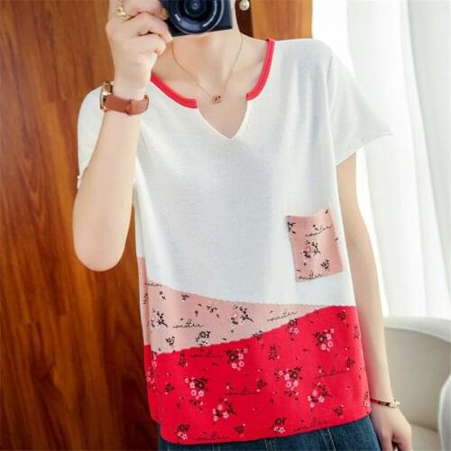 New Lady Knit Short Sleeve Top Women Summer Fresh Sweet v-Neck Pullover Loose t-Shirts Cotton Splice Thin Femme Top Tee