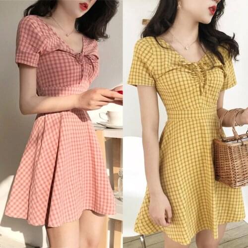 AGACE Summer Womens Dress Mini Lattice Frenulum Knee Dress Sexy V-neck Short Sleeve Dress lady Elegant Party Beach Dresses A313