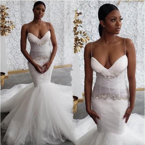 Sexy Arabic Mermaid Illusion Wedding Dresses Spaghetti Straps Backless Beaded Crystals Wedding Dress Bridal Gowns