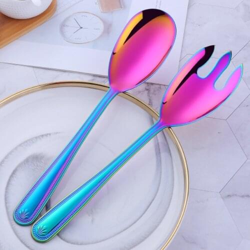 1/2PCS Big Salad Spoon Fork Stainless Steel Colorful Salad Forms Server Cutlery Flatware Public Restaurant Serving Kitchenware