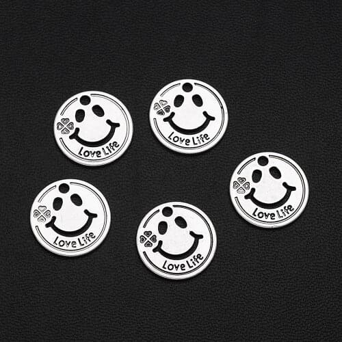 15pcs/Lots 16mm Antique Silver Plated Love Life Round Charms Smile Face Clover Pendants For Jewelry Finding Making Accessories