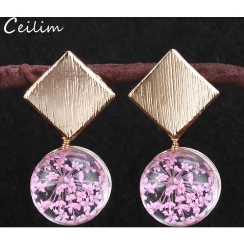 2020 Trendy Colorful Dried Flower Earrings for Women Cute Gold Color Transparent Ball Dangle Drop Earring Statement Jewelry Gift