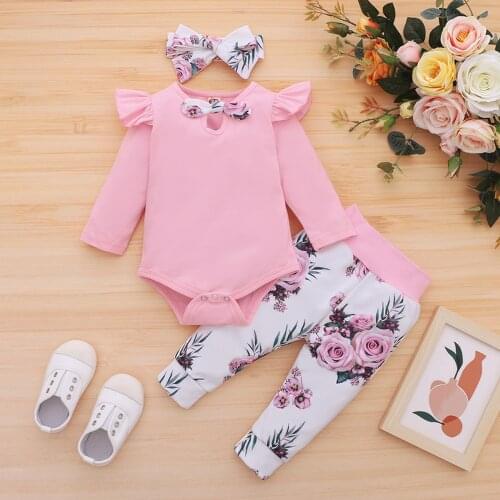 3pcs Newborn Baby Girls Clothes Cotton Floral Bow Tie Bodysuits +Pants +Hairband Set Baby Outfit Girl Clothing 6 12 18 24 Months