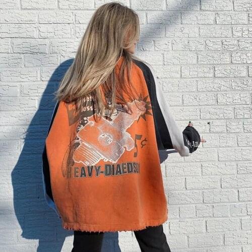 B-TOTO American Retro Orange Loose Bf Wind Sweater Women Tide Ins Tide Brand Frayed Top