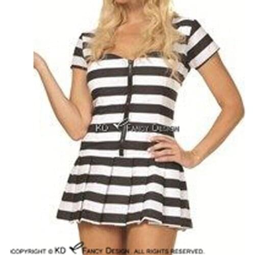 White And Black Sexy Latex Dress With Stripes Zipper Front Prisoner Rubber Uniform Bodycon Playsuit LYQ-0086