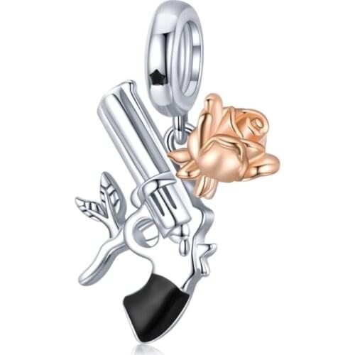 BISAER 925 Sterling Silver Plated Platinum Rose and Pistol Beads Charm Beads Fit Women Bracelet DIY Fine Jewelry Gift EFC470