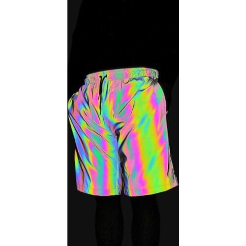 Dropshipping colorful reflective shorts men jogger women hip hop short pants night joggers streetwear reflective sweatpants