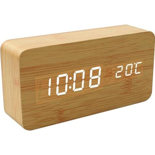 Wooden LED Alarm Clocks Electronic Clock Sounds Control Digital Display Desktop Calendar Table Clock
