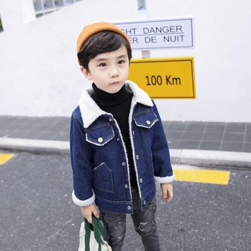 Lamb cashmere denim jacket 2021 new baby long sleeve Hooded Coat Girls' Plush jacket Plush coat autumn and winter boys jacket