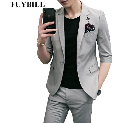 FUYBILL 2021 New Summer Mens Suits Mens Seven-point Sleeves Korean Slim Short-sleeved Suits Groom Wedding Banquet M-3XL 4 Size