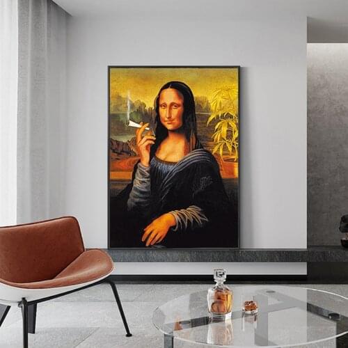 Funny Smoking Mona Lisa Oil Painting Famous Posters and Prints on Canvas Decoration Wall Art Picture for Living Room Home Decor