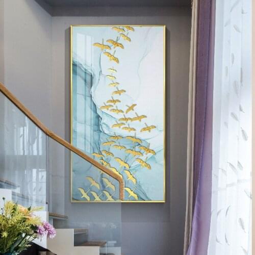 Creative Watercolor blue Golden fish birds Modern Nordic decorative Picture Canvas Wall Art Poster for room Porch office decor
