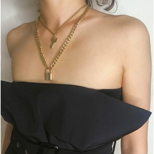 Fashion Key Padlock Pendant Necklace for Women Lock Necklace Layered Chain on the Neck With Lock Punk Jewelry