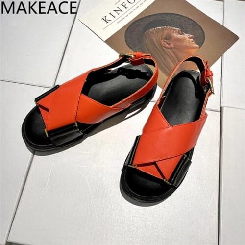 New woman Cow leather thick-soled Roman sandals mules women flat-soled womens shoes summer open-toed beach flats orange 2021