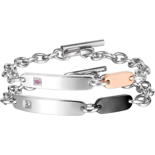 Stainless Steel Minimalism Lovers Pink White Stone Bracelet Bangle Jewelry Gift For Him Chain Link