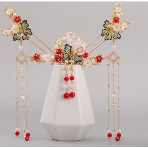 Nobility Antiquity Headdress Butterfly tassel Step Shake Hairpin Set Girls Wedding Dress Han Chinese Costume Hair Decor LL@17