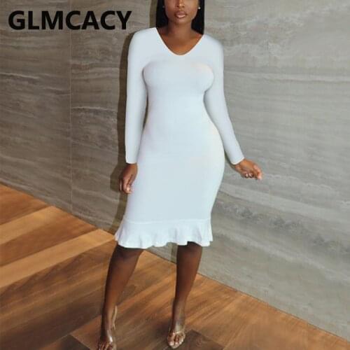 Long Sleeve V Neck Slim Bodycon Dress Casual Fall Midi Dress