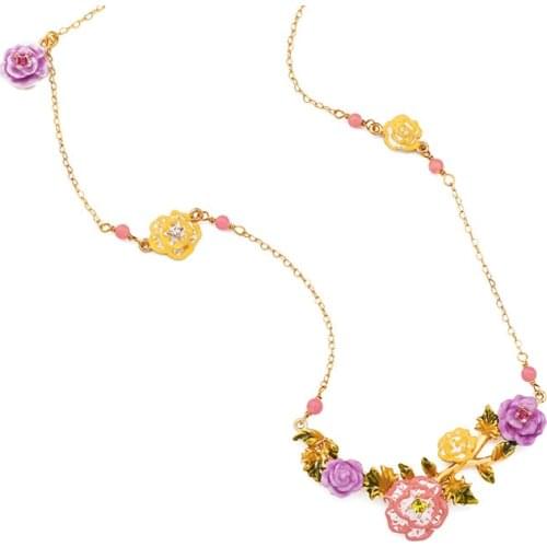 New European and American style pink flower womens necklace jewelry hot sale hand-painted enamel glaze fine clavicle chain
