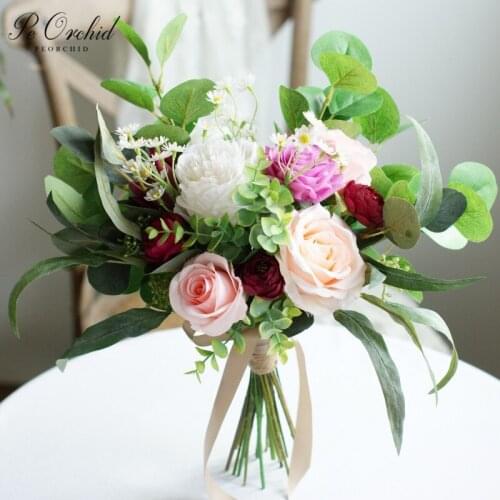 PEORCHID White&Pink&Purple Wedding Bouquet Roses Artificial Peony Bridesmaid Holding Flowers Decorative Bridal Hand Bouquet