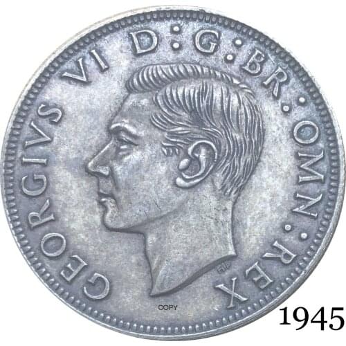 United Kingdom 1945 KG 1/2 Half Crown King George VI Left Sixth Great Britain British HP Silver Plated Copy Coin Reeded Edge