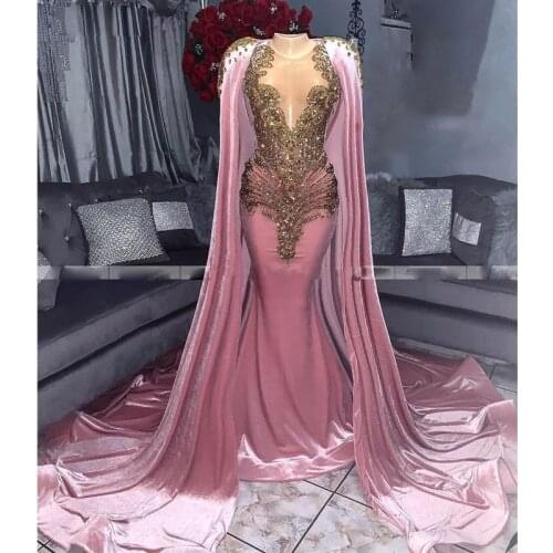 Dusty Pink Velvet Mermaid Evening Dresses with Cape Gold Beaded Sweep Train Formal Dress Plus Size Celebrity Gowns 2020