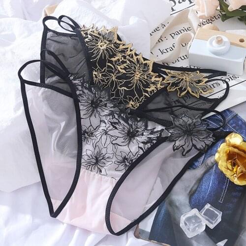 Sexy Lace Embroidery Flower Transparent Mesh Womens Underwear Quality High Flexibil Breathable Cotton Crotch Female Pantie A84