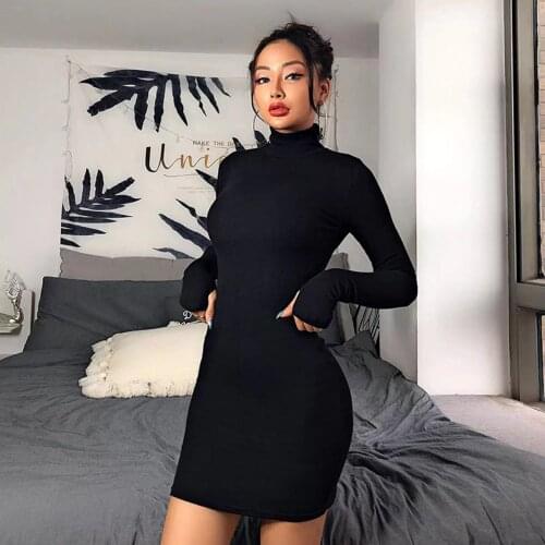Knitted Turtleneck Dress Women Autumn and winter Bodycon Mini Long Sleeve Casual Warm Dress Short Sexy Club Wear Black