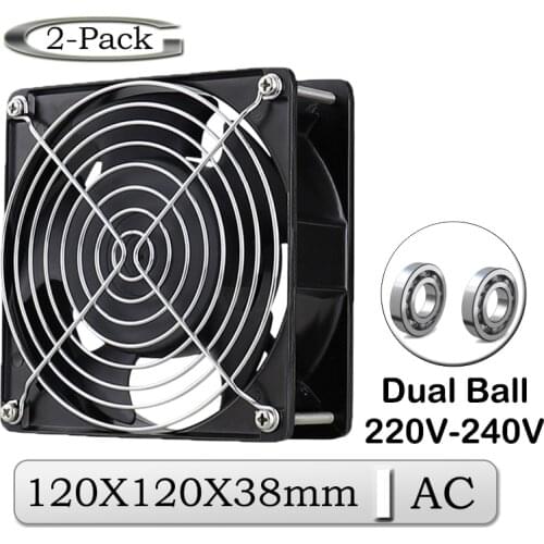 2Pcs Gdstime AC Fan 220V 240V 120mm 120mmx38mm AC Dual Ball Industrial Cooler Fan 12cm 12038B Metal Exhaust 2 Wires Cooling Fan