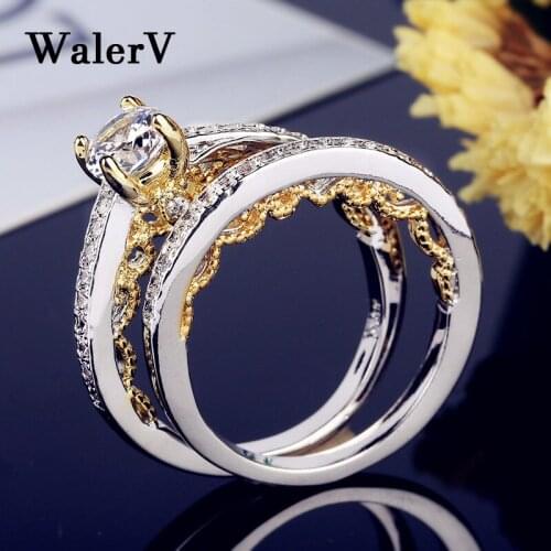 WalerV Women Wedding Ring Set Sparkling Perfect Round Cut Zircon Stone Rings Female Party Jewelry 2 Color &Rose Gold Gift