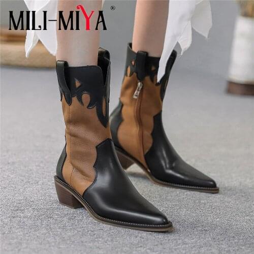 MILI-MIYA Sexy Pointed Toe Western Cowboy Boots Women Mixed Color Sewing Thick Square Heels Zipper Vintage Designer Dress Shoes