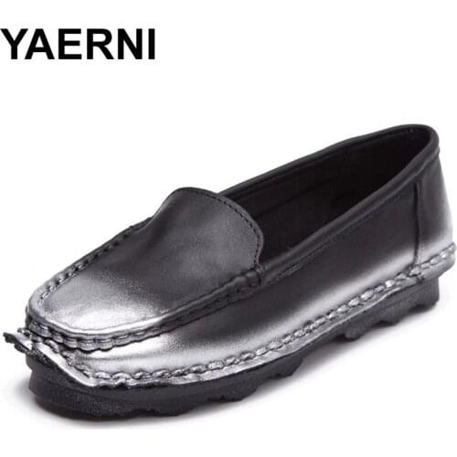 YAERNI 2021 Spring Genuine Leather Shoes Women Slip On Boat Shoes Handmade Soft Mixed Colors Vintage Flats Loafers Women