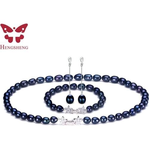 Natural Black Pearl Jewelry Sets For Women,Fashion Jewelry Dangle Earrings&Bracelet&Necklace,Rice Shape 8-9mm Pearl Star Zircon