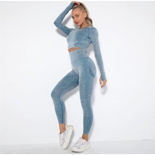 2PCS Seamless Women Yoga Set Workout Sportswear Gym Clothes Fitness Long Sleeve Crop Top High Waist Leggings Sports Suits