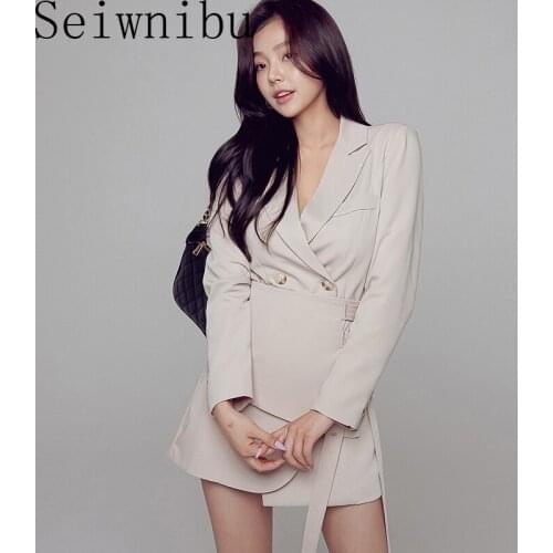 Light Khaki Patchwork Blazer For Women Notched Collar Long Sleeve High Waist Lace Up Loose Vintage Coats Female 2020 Clothing