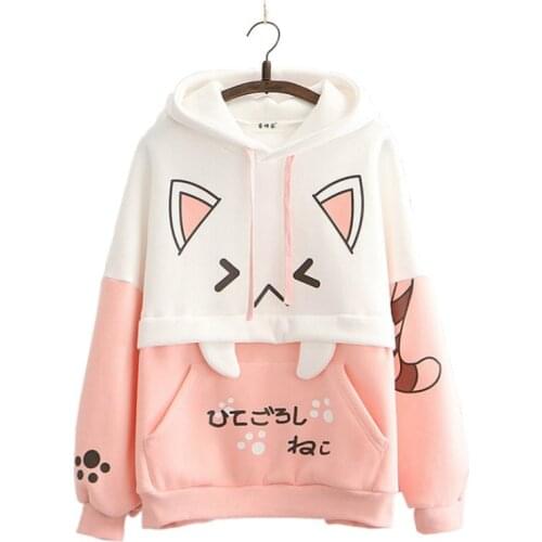 Harajuku Pink Cartoon Print Casual Pullover Hoodies Hooded Sweatshirt Women 2020 Winter Sweet Style Female Cute Kawaii Tracksuit