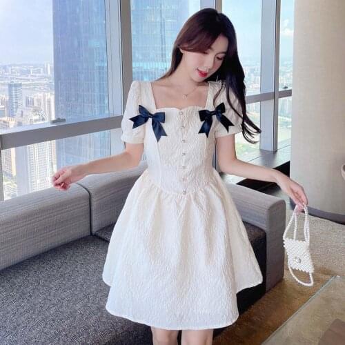 Sweet White Dress Temperament Girls Bow Puff Short Sleeve Square Neck A-Line Summer Vintage Dress