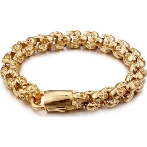 12mm 8.8'' Gold skeleton Link Chain stainless steel Gothic Skull bracelet Mens free shipping