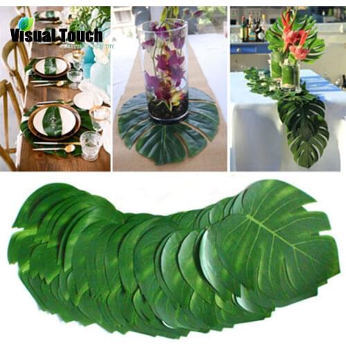 12pcs/Lot Fabric Artificial Tropical Palm Leaves Simulation Monstera Leaves Hawaiian Luau Party Jungle Beach Theme Table Decor