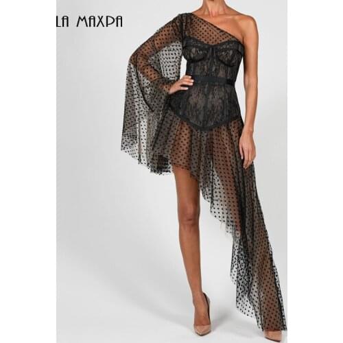 2021 Summer New Style Black Lace Oblique Collar One Shoulder Flared Sleeve Sexy Lace Corset Irregular Long Dress Vestidos