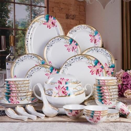 58pcs High Quality Jingdezhen Flower Overglaze Ceramic Tableware Household Bone Porcelain Tableware Set