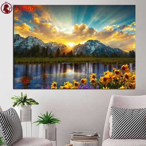 Diy diamond painting Sunset mountain river bank flower landscape picture embroidery diamond mosaic 5d cross stitch decor