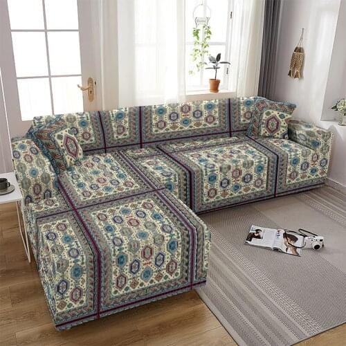 Vintage Pattern Elastic Sofa Cover Bohemian Style Corner Sofa Couch Slipcover Chair Protector L Shape Need 2 Pieces Digita Print
