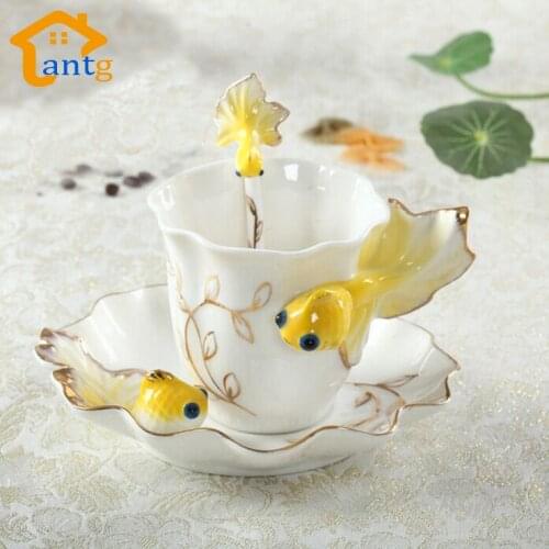Goldfish Enamel Coffee Cup Porcelain mugs and cups suit creative wedding present ceramic cup European bone china cup