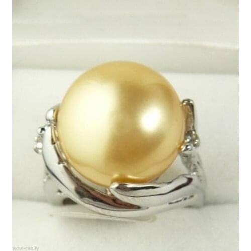 Hot sell Noble- Wholesale price Fashion 14mm Genuine Yellow South Sea Shell Pearl Jewelry Ring Sz 7