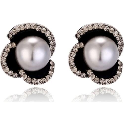 Classic Enamel Rose Earrings Rhinestones Imitation Pearl Black Flower Red Earrings For Women Fashion Wedding Jewelry New2019