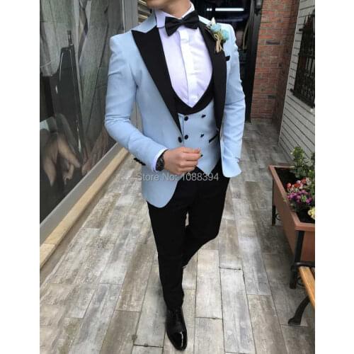 Costume Homme Mariage 2019 Double Breasted Vest Suits Sky Blue Wedding Groom Tuxedo For Men Suits Prom Best Man Blazer 3 Piece