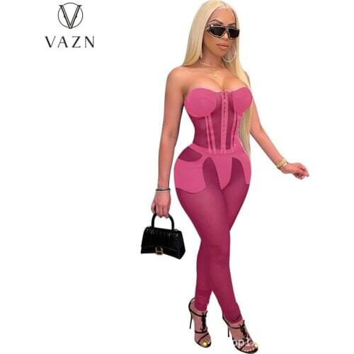 VAZN 2021 summer women fashion hot sale sexy club party style jumpsuits sleeveless strapless pure color jumpsuits long pants