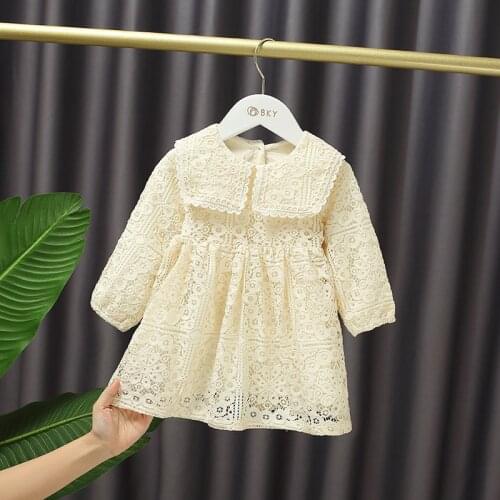Baby Girls Sweet Lace Princess Dress Autumn Long-Sleeved Temperament Lapel Princess Dress Kids