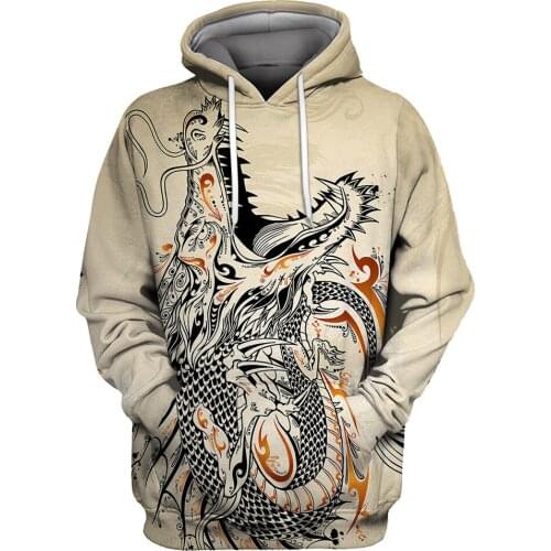 Papertiger Graffiti Roaring Dragon Print Beige Mens Casual 3D Hooded Sweatshirts